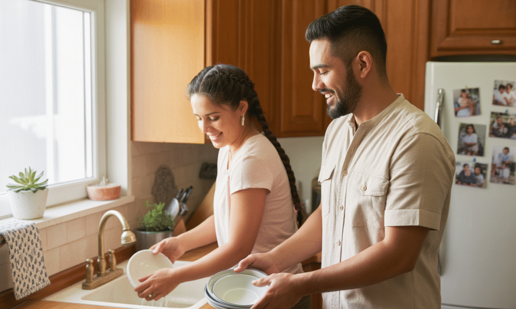 "Smiling couple doing dishes together, representing small acts of love and commitment in everyday marriage life