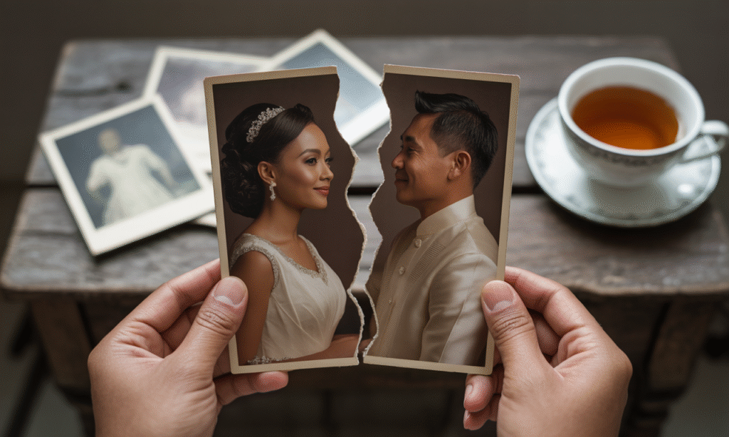 Torn photo of husband and wife being rejoined by hands, symbolizing the damage blame causes and the effort to reconcile