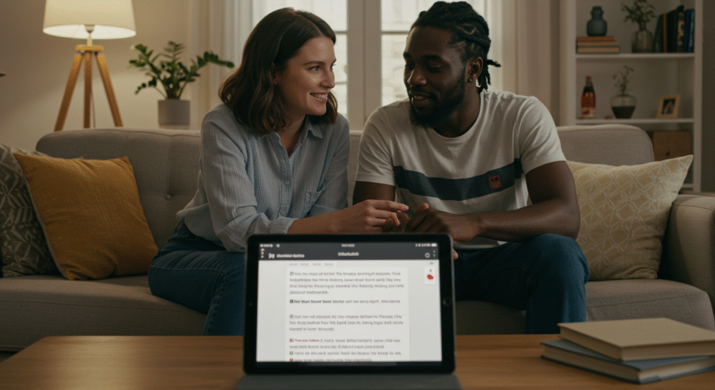 ablet with a translation app open while couple discusses a sensitive topic
