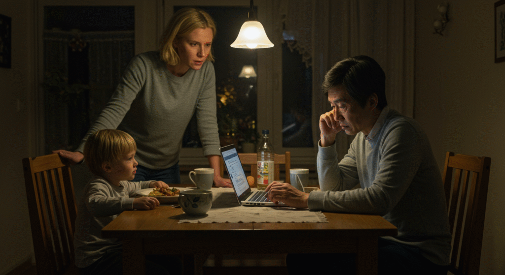 Busy married couple distracted during dinner, symbolizing emotional disconnect due to modern lifestyle
