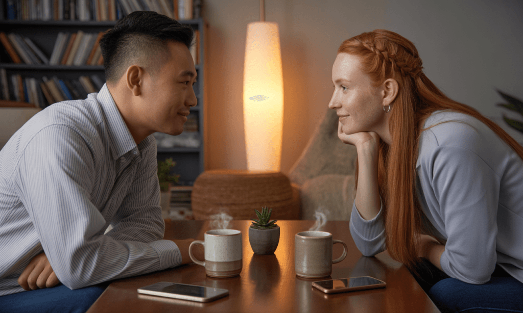 Spouses practicing full presence during a shared meal, emphasizing emotional connection