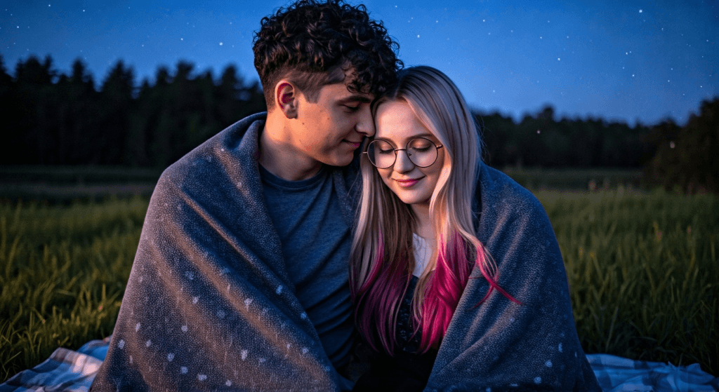 Married couple stargazing, embracing mental and emotional stillness together