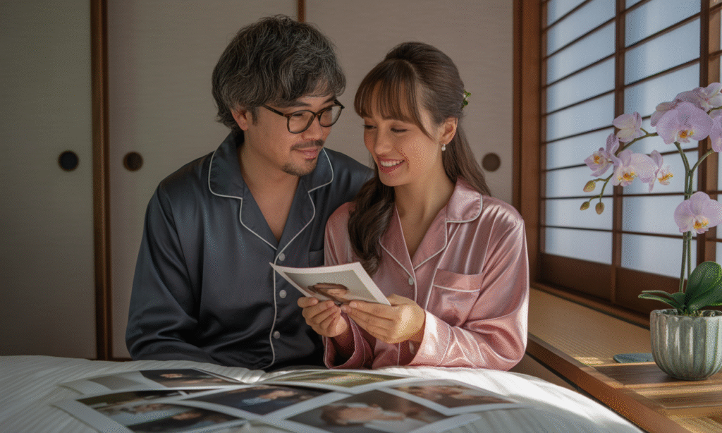 Married couple reminiscing over wedding day photos with joy