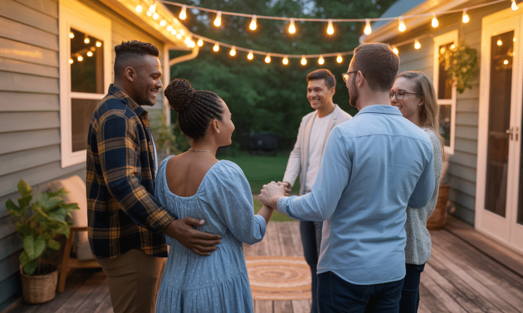 Group of married couples enjoying joyful conversation and spiritual connection together