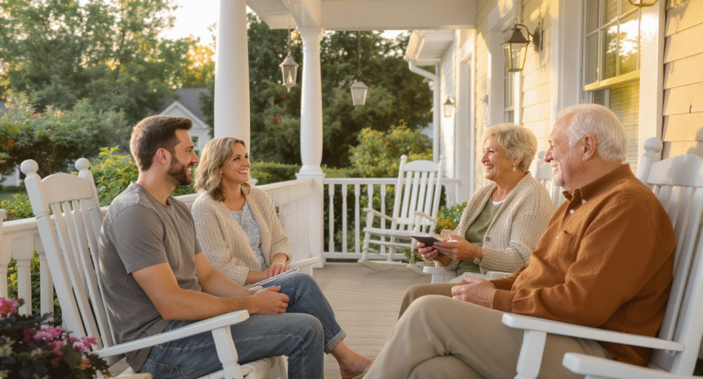 Younger married couple receiving mentorship from older couple, gaining wisdom and perspective