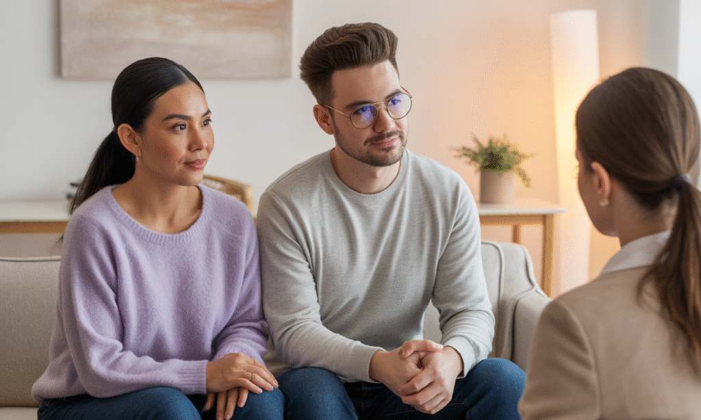 Married couple in therapy working on their relationship and communication.