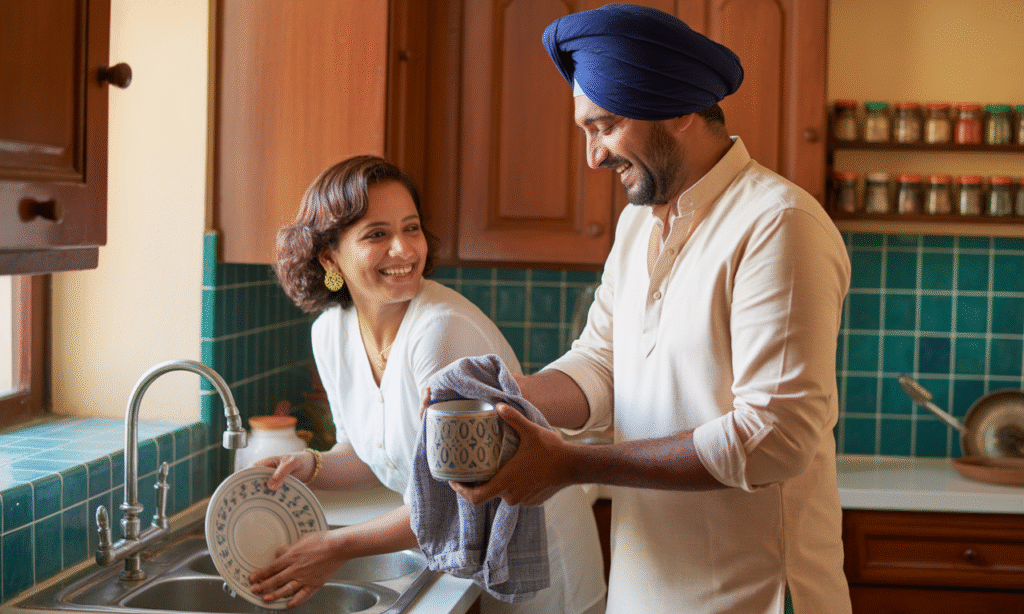 Spouses working together joyfully in the kitchen.