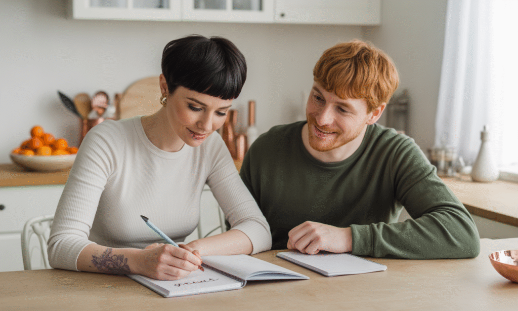 Married couple discussing shared values and long-term goals