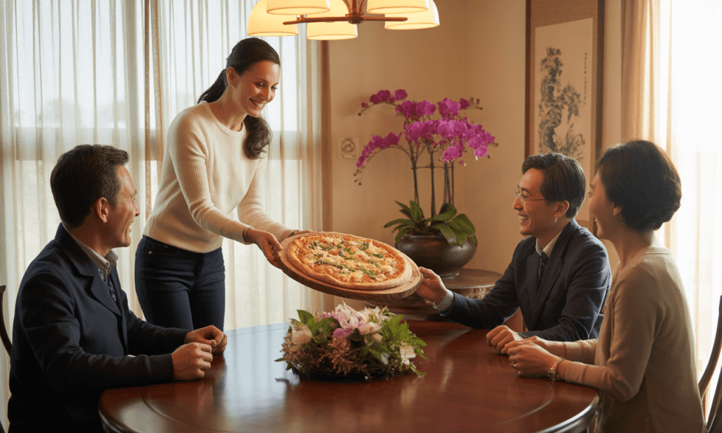 Spouse presenting a traditional gift to their in-law, demonstrating cultural respect in a cross-cultural marriage