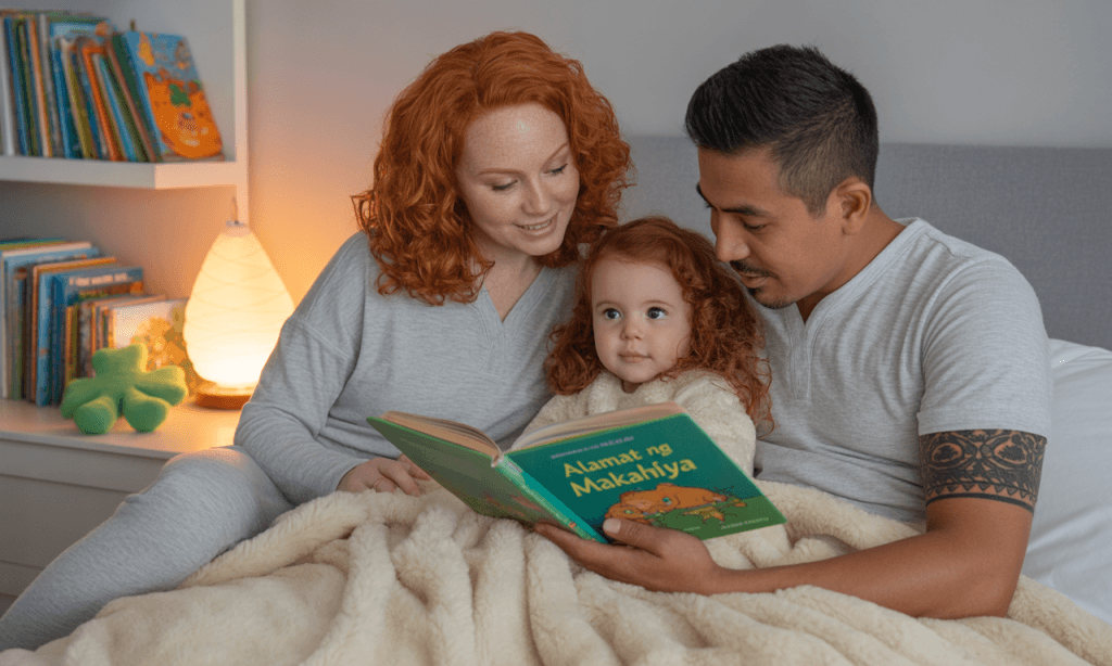Parents reading books in different languages to their child, highlighting the richness of blended cultural parenting