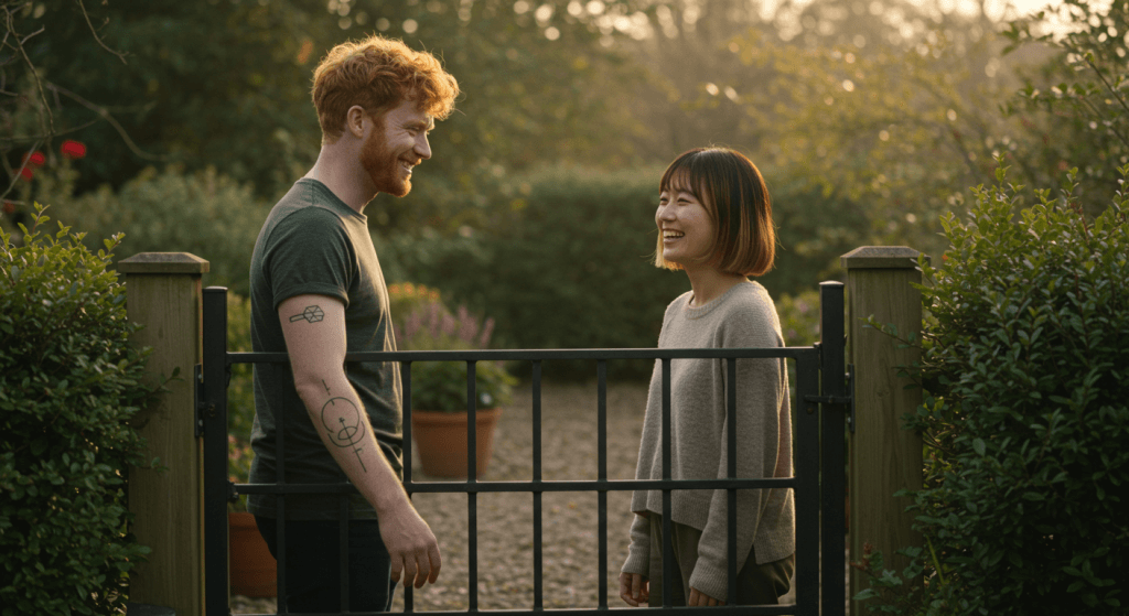 Married couple deciding to close a gate, symbolizing boundaries that protect trust and intimacy