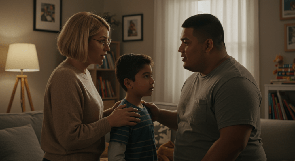Parents from different cultures guiding their child with calm conversation, demonstrating a balanced discipline approach