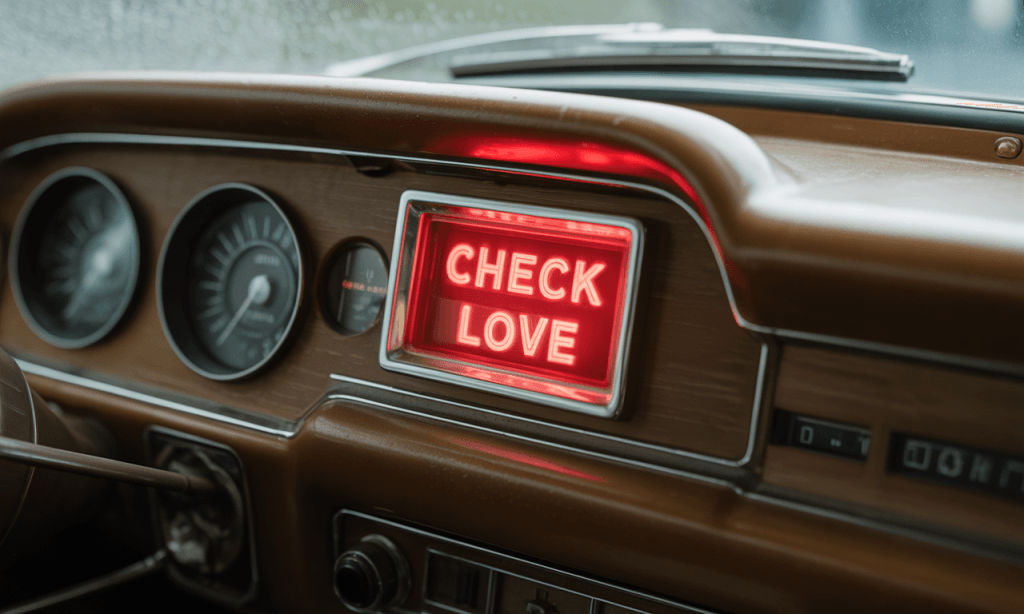 Dashboard warning light edited to say “Check Love,” symbolizing early signs in marriage