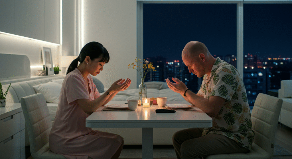 Married couple expressing devotion and spiritual unity through prayer.