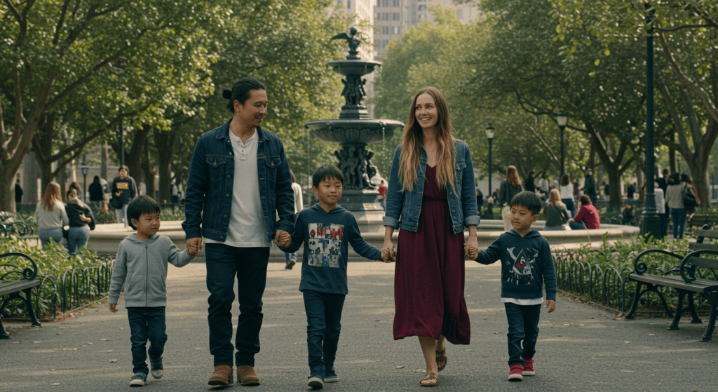 Cross-cultural family walking hand-in-hand outdoors, showing unity and confidence in blended parenting
