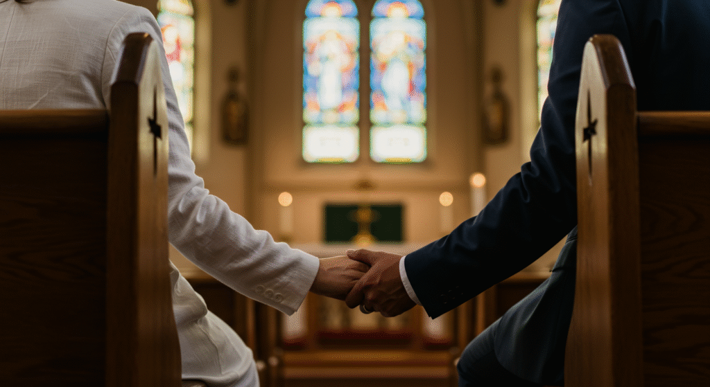 Married couple praying together, reflecting shared spiritual growth and unity