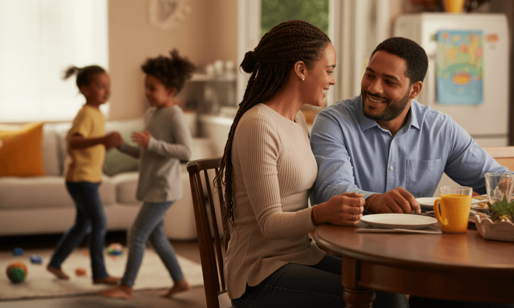 Moment of intentional connection amidst a busy family dinner scene