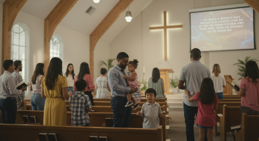 Community of married couples and their children worshipping together, passing on faith and unity
