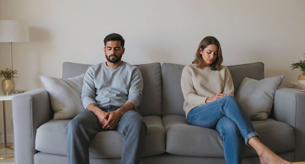 Married couple sitting apart in silence, symbolizing the risks of emotional and spiritual isolation
