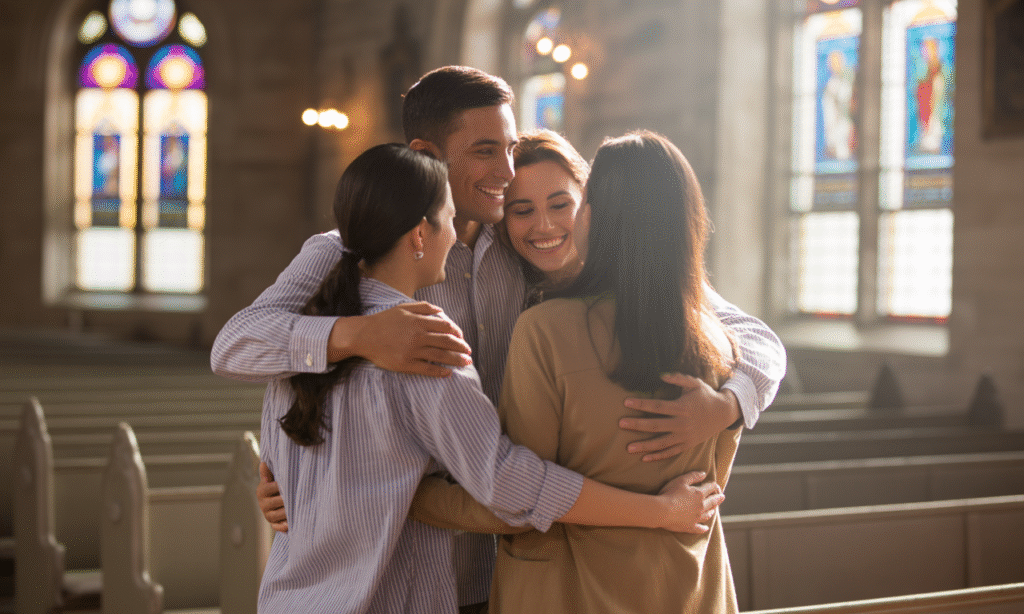 A married couple receiving prayer and emotional support from faith-filled friends