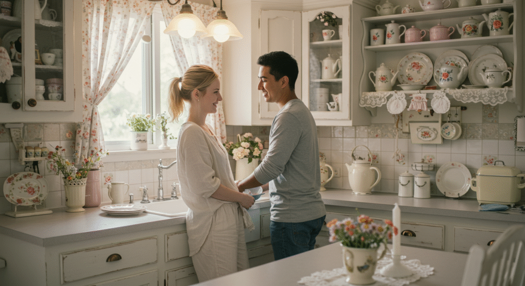 Everyday love: a couple sharing laughter while doing household chores