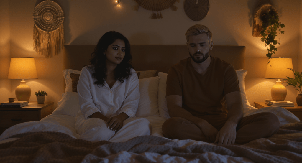 Married couple silently facing away from each other, illustrating emotional and mental distance