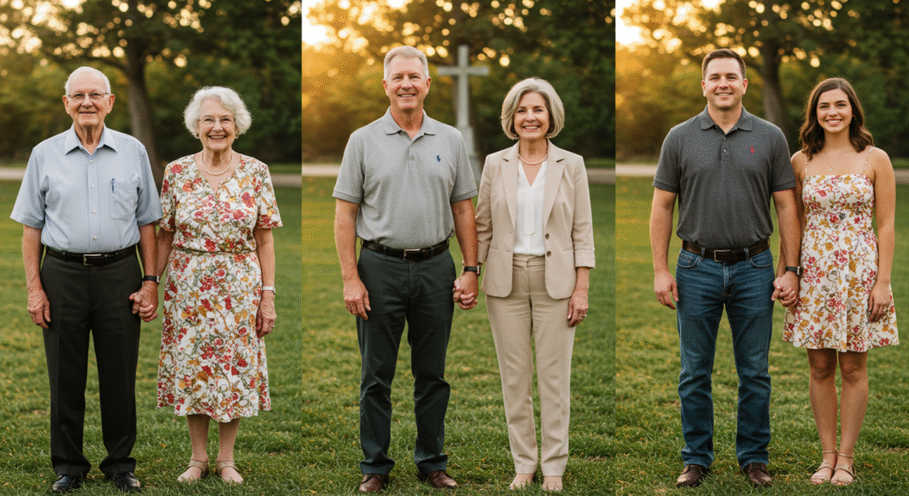 Multiple generations of Christian couples holding hands, showing the legacy of Spirit-led influence in marriage