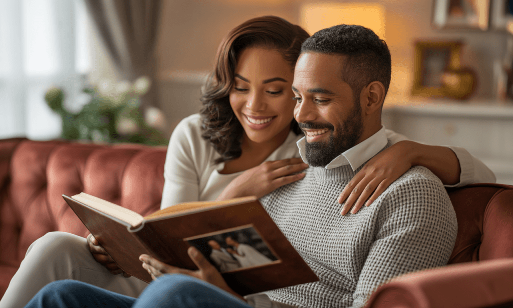 Married couple enjoying nostalgia while looking at wedding photos.