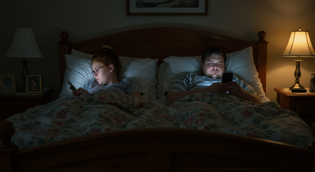 Emotional disconnect in marriage as one spouse prioritizes screen over relationship.