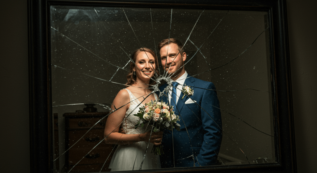 Broken mirror over a wedding portrait symbolizing how one bad choice can shatter years of trust in a marriage