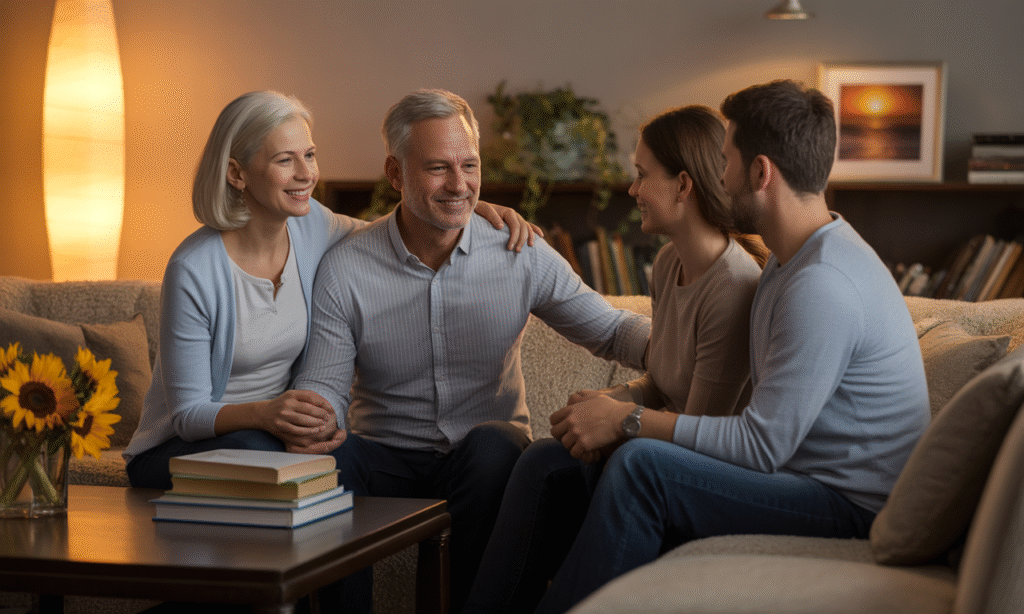 Older couple offering guidance and prayer to a younger married couple in a moment of struggle