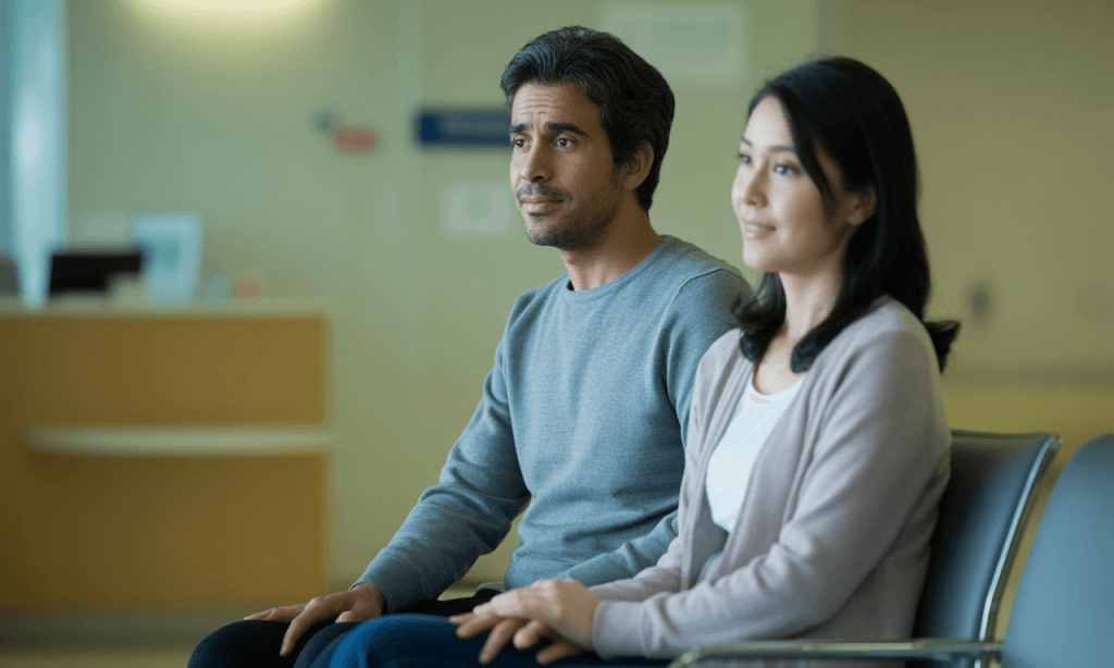 Husband and wife in hospital waiting room, symbolizing emotional support during medical crisis