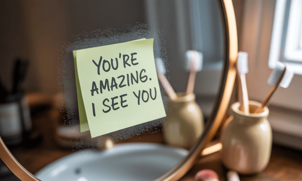 Handwritten love note left in a daily space as a form of encouragement and consistency
