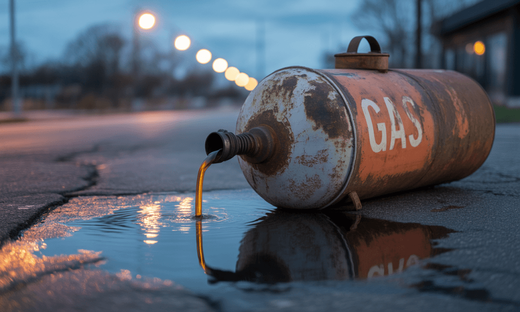 Leaking fuel tank representing slow emotional depletion in relationships