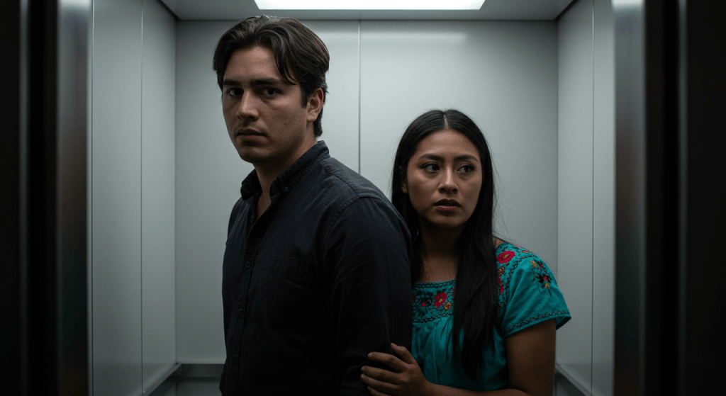 Marriage metaphor showing how environment shapes connection, illustrated by a tense couple in an elevator.