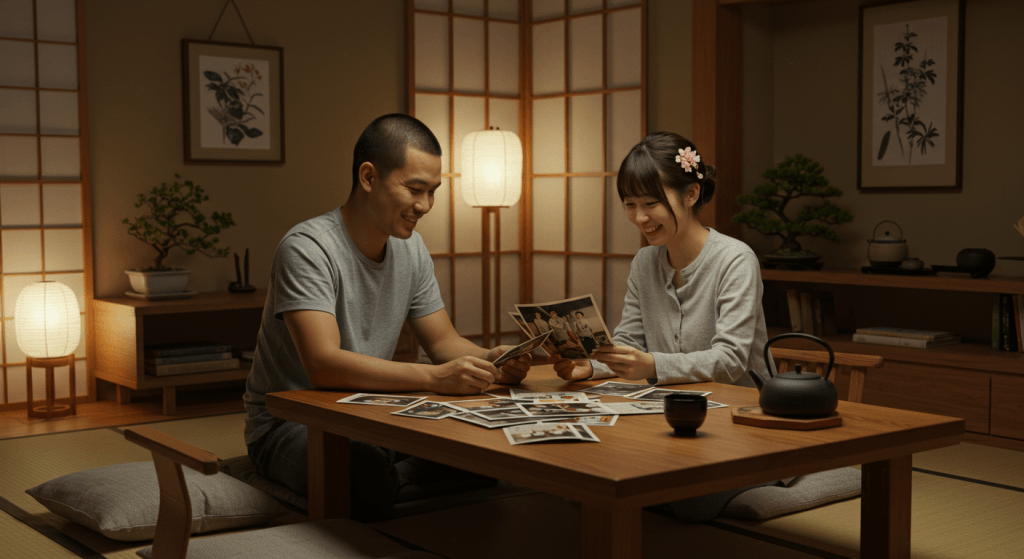 Multicultural couple sharing childhood photos and stories to reflect on how their upbringings shaped their parenting beliefs