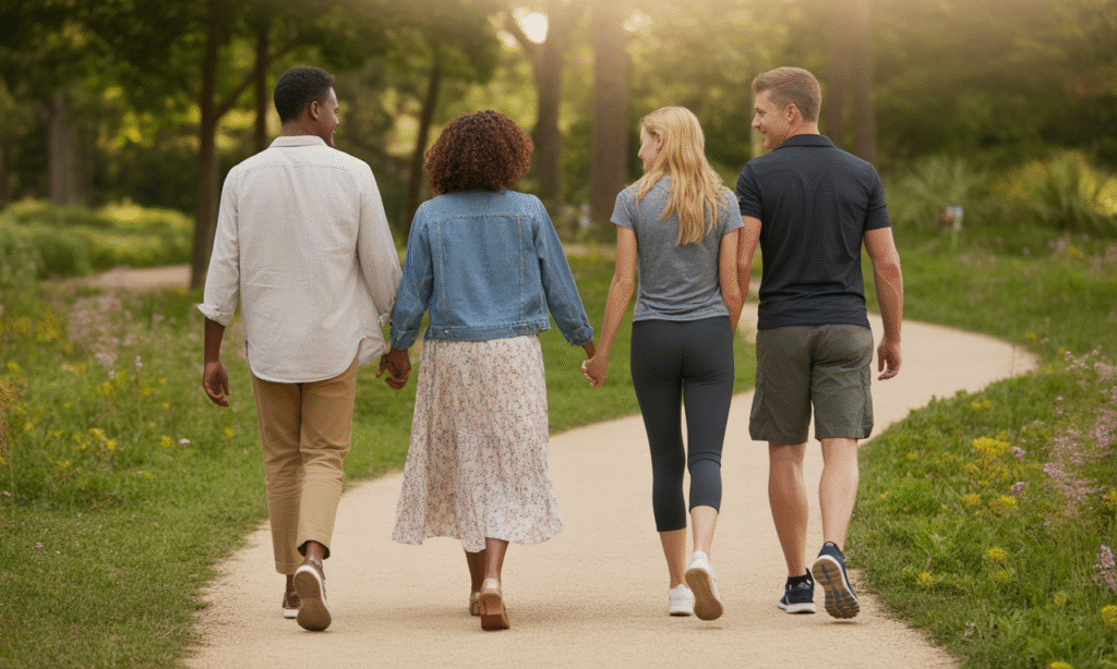 Married couples walking together on a peaceful trail, symbolizing the journey of marriage supported by faith-filled community