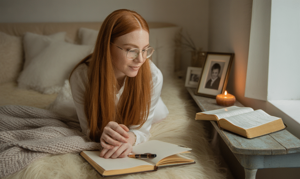 Wife journaling and praying for a friend going through a toxic season, while protecting her own marriage