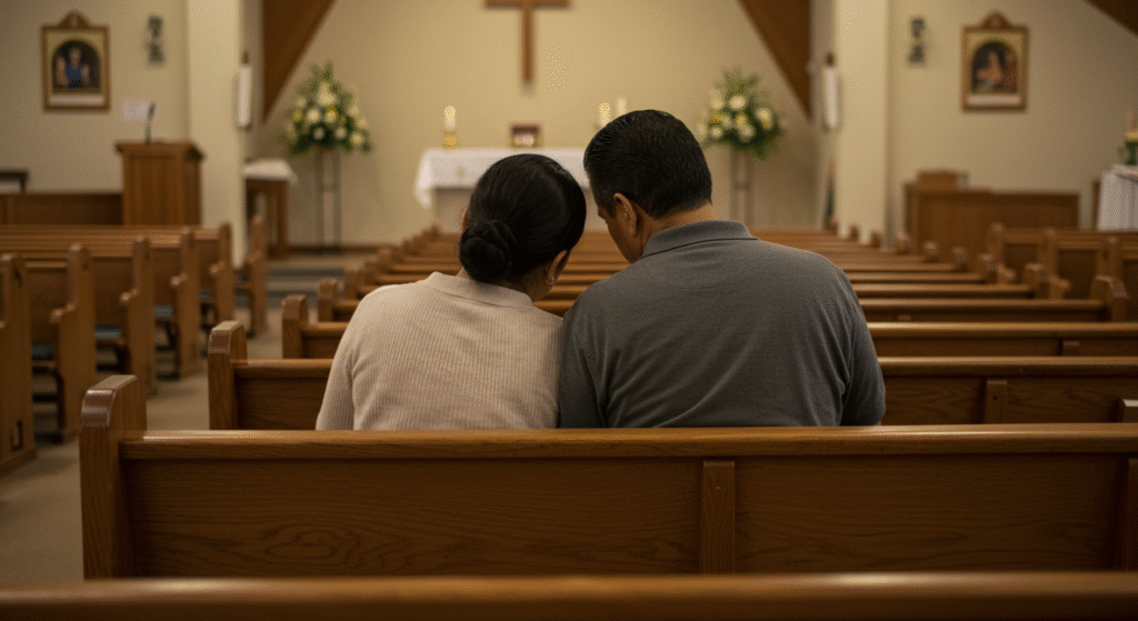 Elderly couple holding hands in worship, symbolizing a lifelong, godly marriage