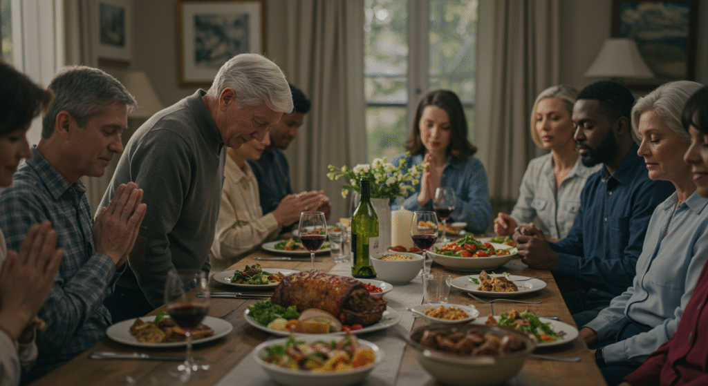 Faithful couple praying over a meal, quietly influencing others through Christ-centered living