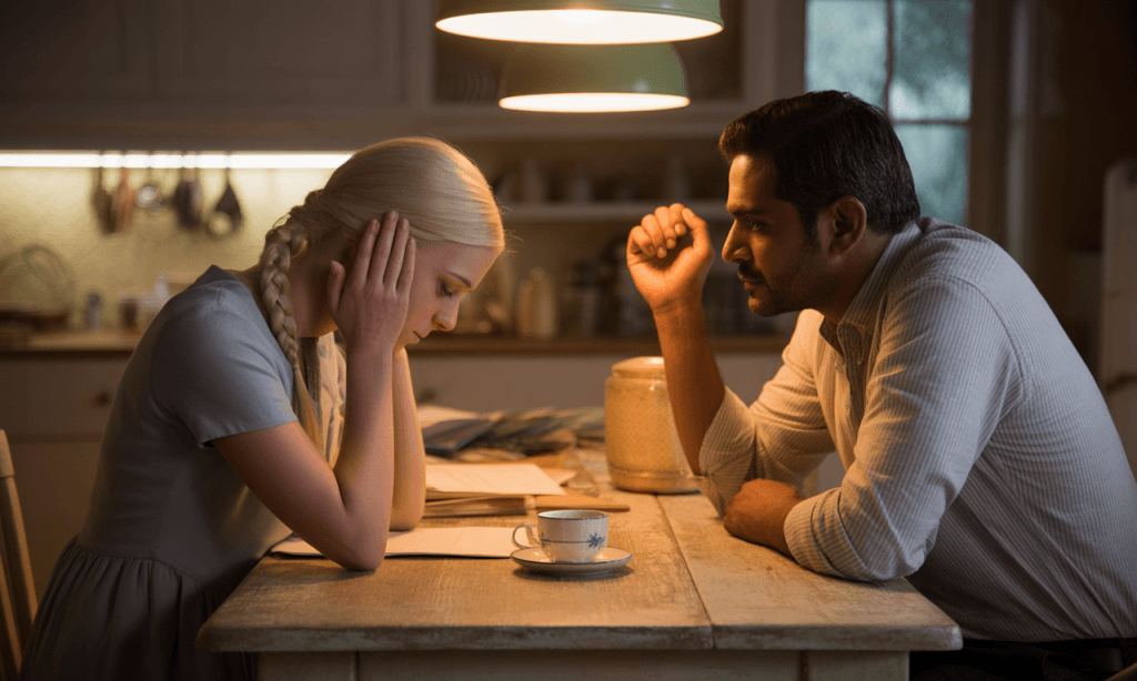 An American wife with platinum blonde hair tied in a single French braid is seated at the kitchen table, her head resting in her hands, clearly overwhelmed or deep in thought. Across from her or standing nearby is her Indian husband, looking at her with concern, empathy, or quiet support. The setting is their kitchen, warmly lit with natural details - a mug, a few papers or unopened mail on the table, maybe a half-eaten breakfast or a glass of water, all emphasizing the weight of the moment. The wife’s posture shows emotional exhaustion - elbows on the table, hands covering her face or forehead - while the husband’s body language suggests he's pausing to understand or reach out, possibly placing a hand gently on the table or resting near her without crowding her. Their hands and fingers are clearly visible, well-formed, and undistorted, capturing human emotion and presence naturally. The overall mood is intimate and raw, capturing a difficult but loving moment between two people navigating something together, grounded in realism and tenderness.