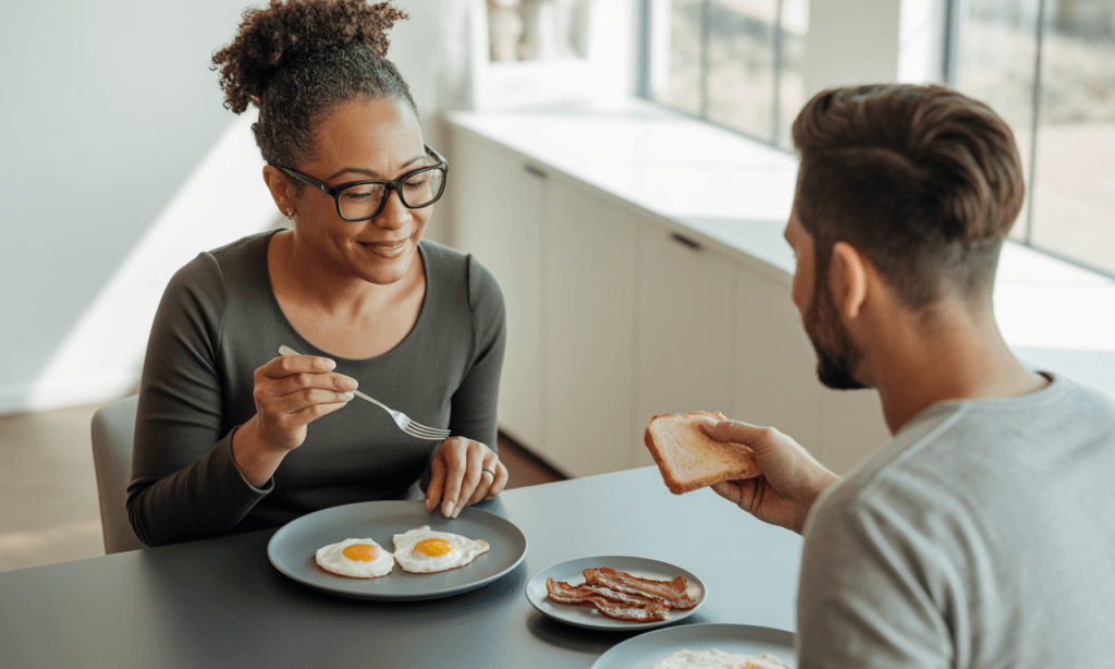 Middle-aged married couple sharing a relaxed breakfast after children have left home