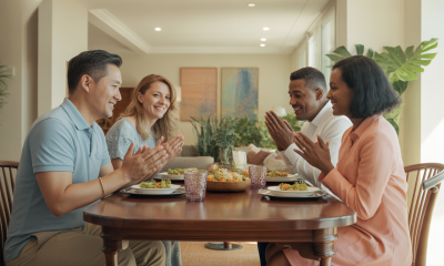 Faith-filled couples enjoying dinner and prayer together, modeling godly marriage influence