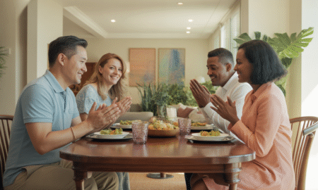 Faith-filled couples enjoying dinner and prayer together, modeling godly marriage influence