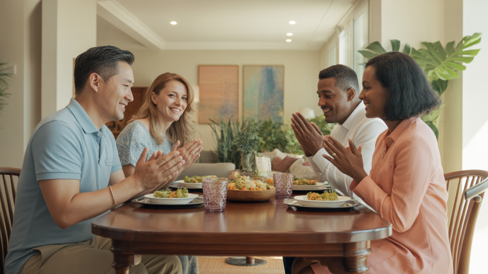 Faith-filled couples enjoying dinner and prayer together, modeling godly marriage influence Faith-filled couples enjoying dinner and prayer together, modeling godly marriage influence