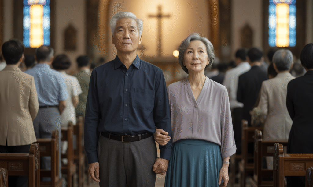 Older married couple holding hands in church, symbolizing a lifelong marriage rooted in faith