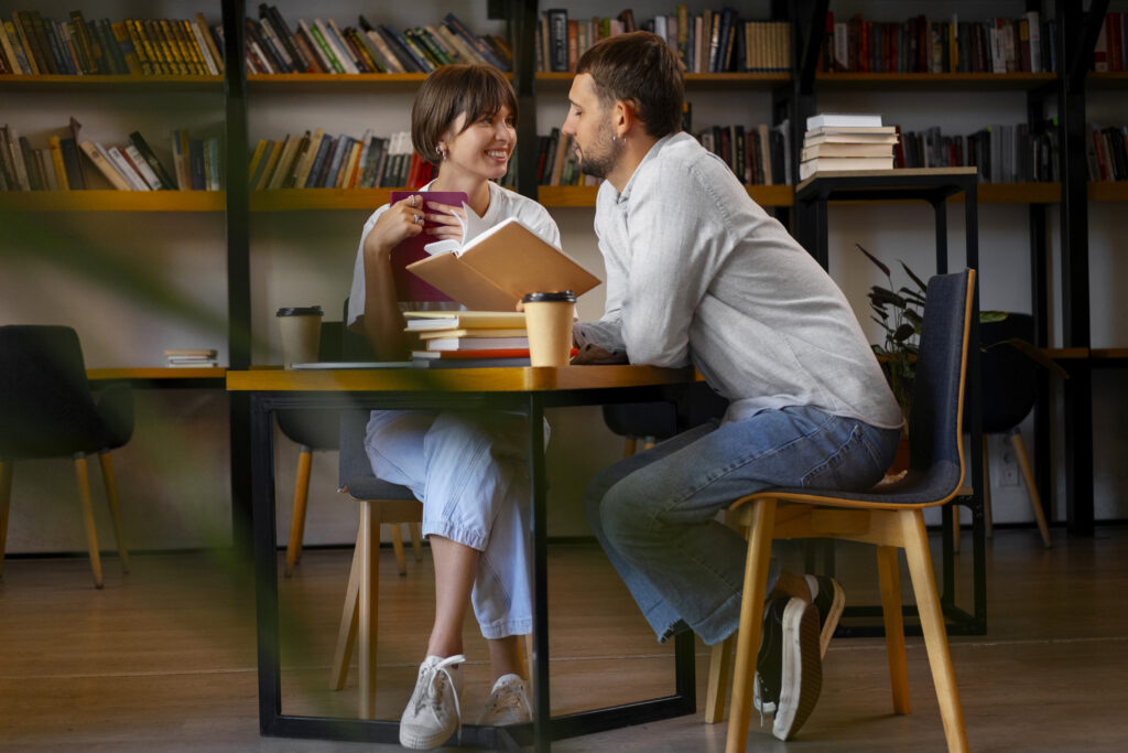Married couple enjoying bookstore and coffee date night