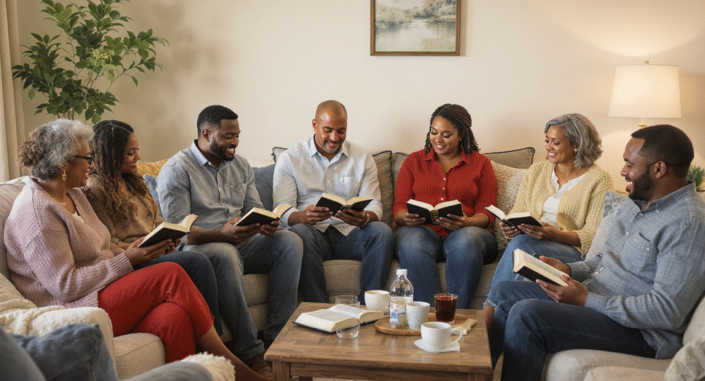 Faith-centered small group of married couples meeting for Bible study and encouragement