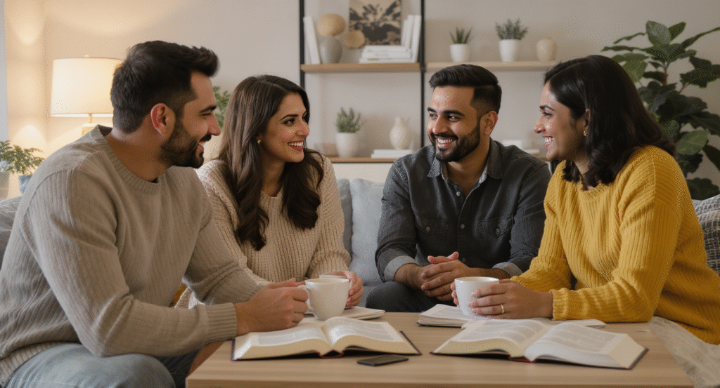 Two faith-filled couples sharing a coffee and conversation centered on God’s Word