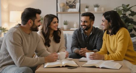 Two faith-filled couples sharing a coffee and conversation centered on God’s Word